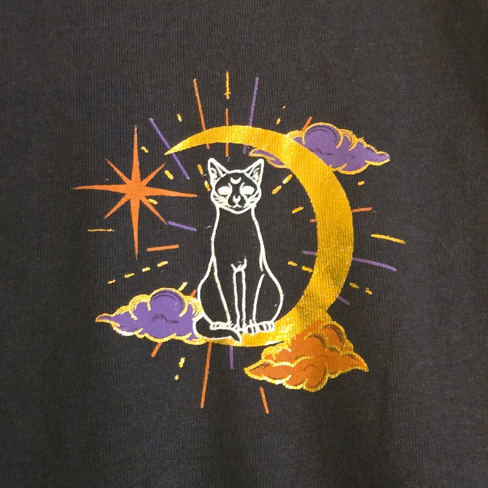 Halloween Black Cat Crescent Moon Graphic Tee Shirt Large 12-14 Spooky Witchcore